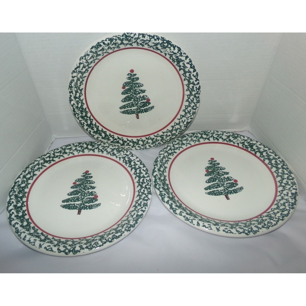 Furio Christmas Tree Dinner Plates Made in Italy Sponged Green Red Set of 3